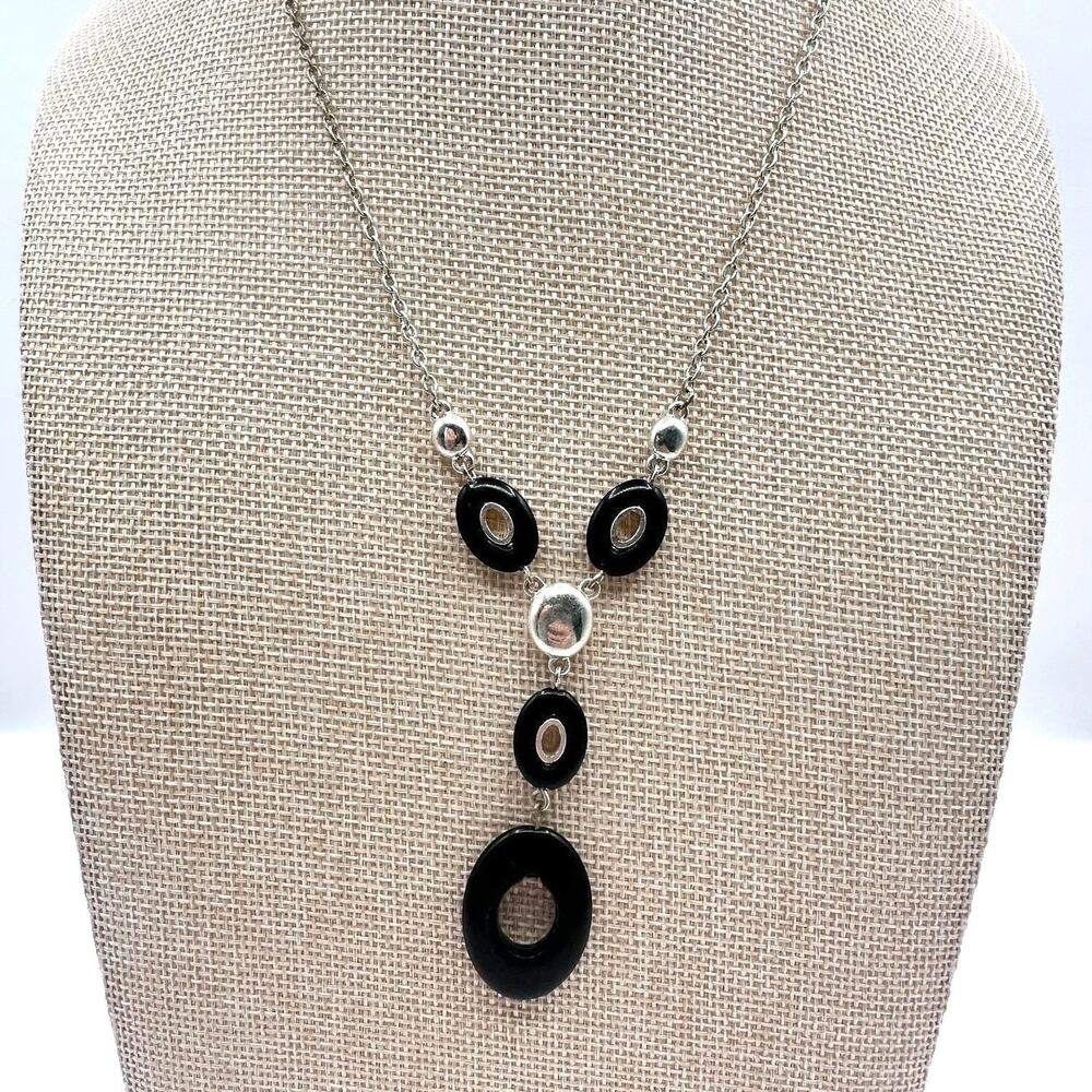 Vintage 80s Silver Tone Black White Enamel Round Pendant Statement Retro Jewelry
